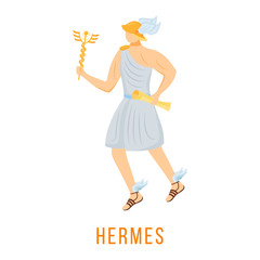 Hermes flat vector illustration. Ancient Greek deity. God of trade and eloquence. Emissary of gods. Divine mythological figure. Isolated cartoon character on white background