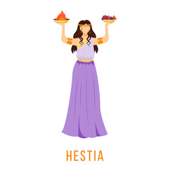 Hestia flat vector illustration. Ancient Greek deity. Virgin goddess of hearth, family, home. Mythology. Divine mythological figure. Isolated cartoon character on white background