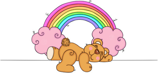 Fototapeta premium Teddy bear sleeping with rainbow and pink clouds