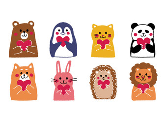 ハートを持った動物のイラスト　カラー