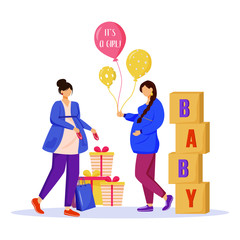 Pregnant women with baby shower gifts flat vector illustration. Expectant mothers waiting of baby girl. Ladies preparing to maternity isolated cartoon characters on white background