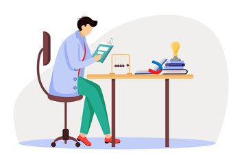Scientist at his working place flat vector illustration. Man in blue lab coat. University professor. Physicist sitting and reading book isolated cartoon character on white background