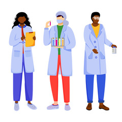 Scientists in lab coats flat vector illustration. Studying medicine, chemistry. Conducting experiment. Women with test tubes, reactives isolated cartoon characters on white background