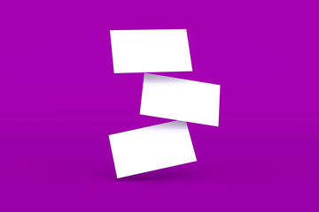 Falling blank white business cards on purple background. 3D render illustration. Purple coloring mockup design.