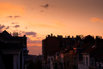 Street and buildings in Brussels in sunset light