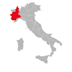 Piedmont region highlighted red on Italy map vector. Gray background.