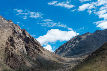 Ladakh, India - Aug 04 2019 - Beautiful scenic view from Between Leh and Chang La Pass (5360m) in Ladakh, Jammu and Kashmir, India.