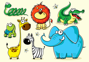 Set of isolated funny cartoon African animals with different emotions