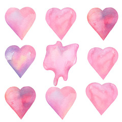 Watercolor Valentine's hearts. Pretty pink and purple hearts. Pattern for valentines day.