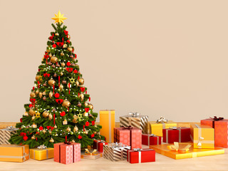 Room interior mockup with red and golden Christmas tree, many gifts and empty gray wall. 3D rendering.