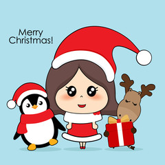 Cute reindeer, Penguin and Cute character girl with santa costume. Christmas background. Christmas Greeting Card. Vector illustration.