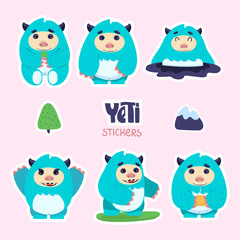 Cute yeti or bigfoot stickers. Flat illustration. Trendy vector illustration. Eps 10.