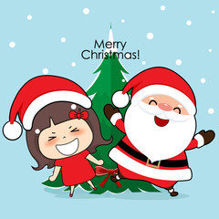 Santa Claus and cute character girl with santa costume. Christmas background. Christmas Greeting Card. Vector illustration.