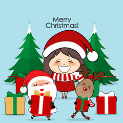 Santa Claus, Cute reindeer, and Cute character girl with santa costume. Christmas background. Christmas Greeting Card. Vector illustration.