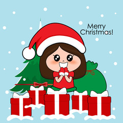 Cute character girl with santa costume. Christmas background. Christmas Greeting Card. Vector illustration.