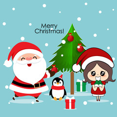 Santa Claus, Penguin and Cute girl with santa costume. Christmas background. Christmas Greeting Card. Vector illustration.