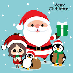 Santa Claus, Penguin and Cute girl with santa costume. Christmas background. Christmas Greeting Card. Vector illustration.