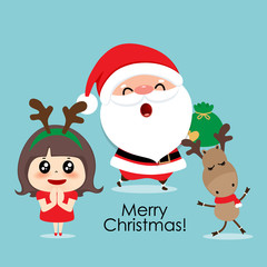 Christmas Greeting Card with Christmas Santa Claus, reindeer and cute girl. Vector illustration.