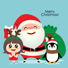 Santa Claus, Penguin and Cute girl with santa costume. Christmas background. Christmas Greeting Card. Vector illustration.