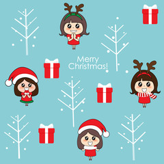 Cute character girl with santa costume. Christmas background. Christmas Greeting Card. Vector illustration.
