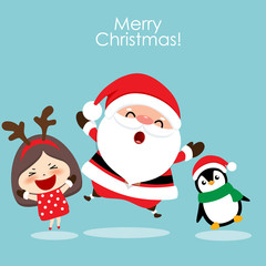 Santa Claus, Penguin and Cute girl with santa costume. Christmas background. Christmas Greeting Card. Vector illustration.