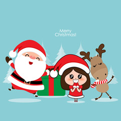 Fototapeta na wymiar Christmas Greeting Card with Christmas Santa Claus, reindeer and cute girl. Vector illustration.