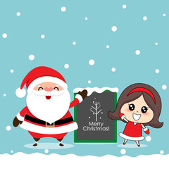 Santa Claus and Cute girl with santa costume. Christmas background. Christmas Greeting Card. Vector illustration.