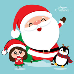 Santa Claus, Penguin and Cute girl with santa costume. Christmas background. Christmas Greeting Card. Vector illustration.