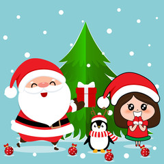 Santa Claus, Penguin and Cute girl with santa costume. Christmas background. Christmas Greeting Card. Vector illustration.