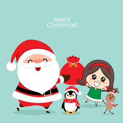 Christmas Greeting Card with Christmas Santa Claus, Penguin, reindeer and cute girl. Vector illustration.