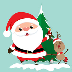 Christmas Greeting Card with Christmas Santa Claus and reindeer. Vector illustration.