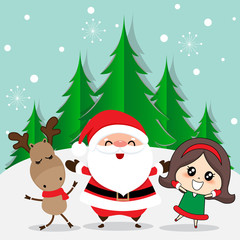 Christmas Greeting Card with Christmas Santa Claus, reindeer and cute girl. Vector illustration.