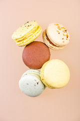 French Macaroons Cookies in Pastel Colors. Flat Lay with Copy Space