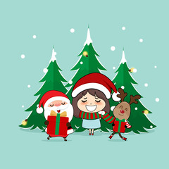 Christmas Greeting Card with Christmas Santa Claus, reindeer and cute girl. Vector illustration.