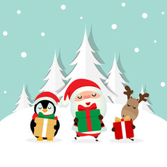 Christmas Greeting Card with Christmas Santa Claus ,Penguin and reindeer. Vector illustration.
