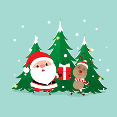 Christmas Greeting Card with Christmas Santa Claus and reindeer. Vector illustration.