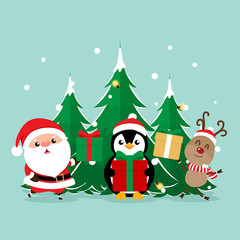 Christmas Greeting Card with Christmas Santa Claus ,Penguin and reindeer. Vector illustration.