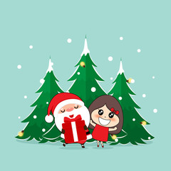 Santa Claus and Cute girl with santa costume. Christmas background. Christmas Greeting Card. Vector illustration.