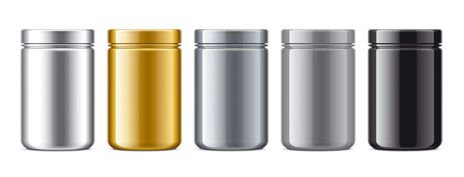 Plastic jar. Glossy surface. Matalized surface. 