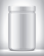 Plastic jar on background. Glossy surface