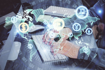 Stock graph with businessman typing on computer in office on background. Concept of analysis. Double exposure.