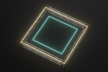 Steel frame and luminous cubes, 3d rendering.