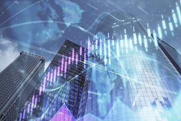 Forex chart on cityscape with skyscrapers wallpaper multi exposure. Financial research concept.