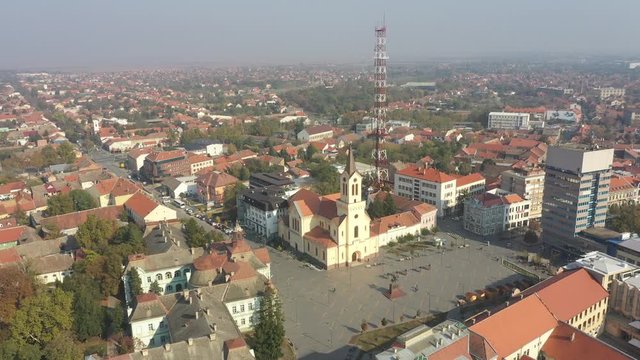 Areal shot of Zrenanin Freedom Square in sunny day. Panorama