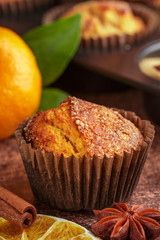 Fresh baked homemade citrus (orange, Mandarin) cakes muffins with brown sugar, cinnamon and star anise on wooden table close up. Selective focus