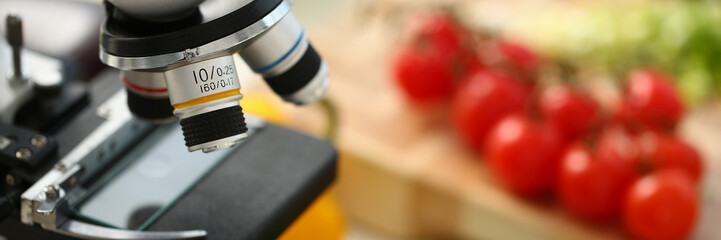 Microscope head on kitchen background