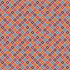 Repeated bright diamonds background. Geometric motif. Seamless surface pattern design with vivid colors square ornament.