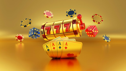 Gold Casino Slot, Dices, Four Aces And Poker Cards - 3D Illustration