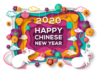 2020 Happy Chinese New Year Greeting Card with Paper cut Colorful Frame, Rats and Oriental Flowers. Vector illustration. White Mouse for Holiday Design
