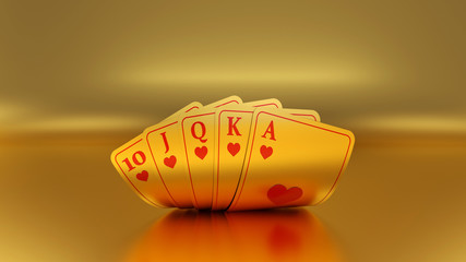 Flush Royal Golden Poker Cards - 3D Illustration